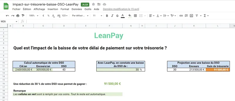 Optimiser le DSO : LeanPay offre aussi un fichier Excel pour calculer l'impact du DSO sur la trésorerie