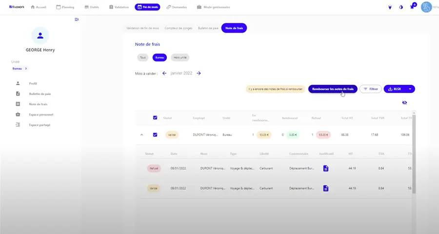 HiFiveWork - capture d'écran notes de frais