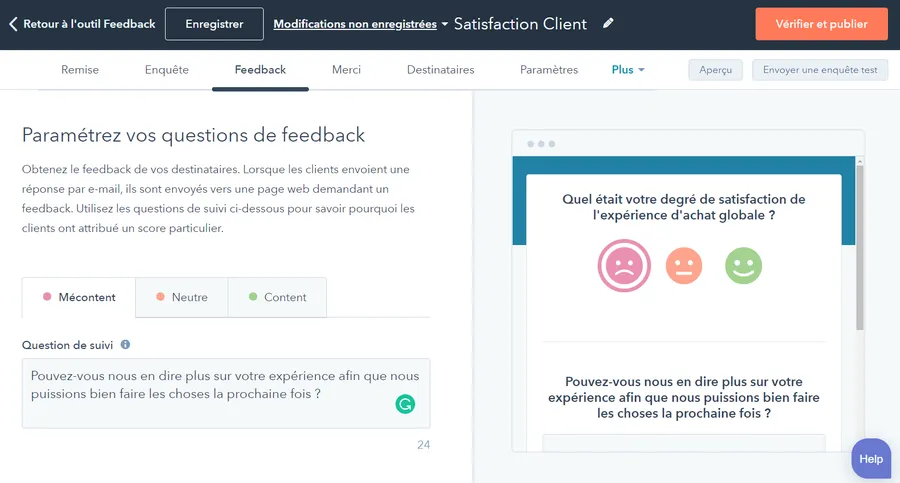 Suite CRM de HubSpot : capture d'écran : Service Hub : enquête satisfaction