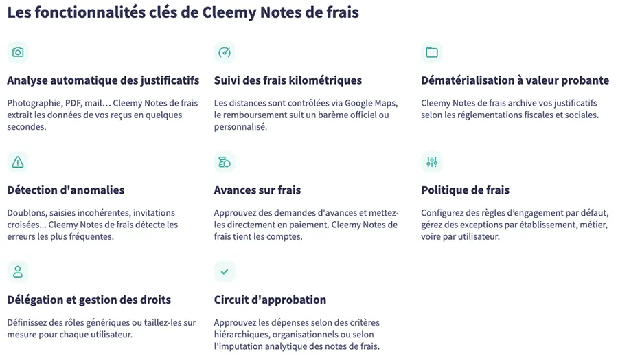Cleemy Notes de frais : fonctionnalités