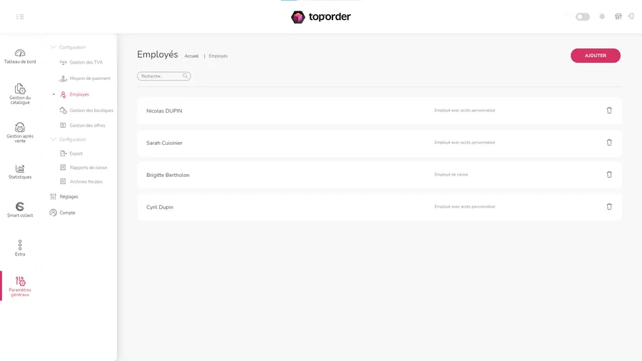 Toporder : interface gestion des employés