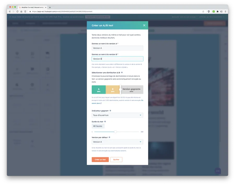 Marketing Hub : fonction premium - a/b testing