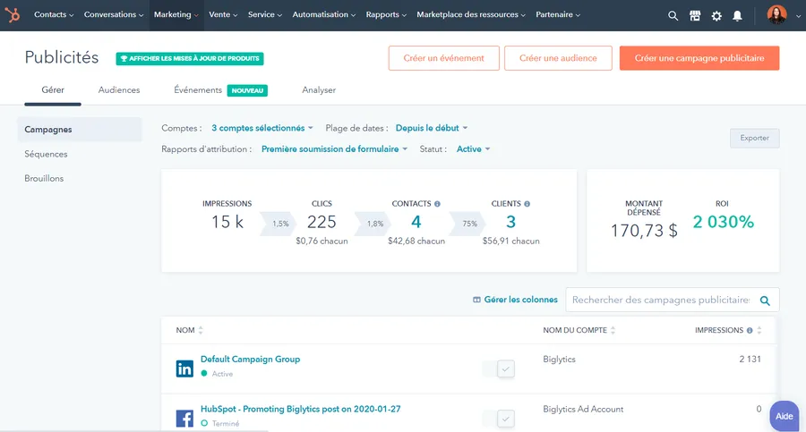 Marketing Hub : fonction - publicité en ligne