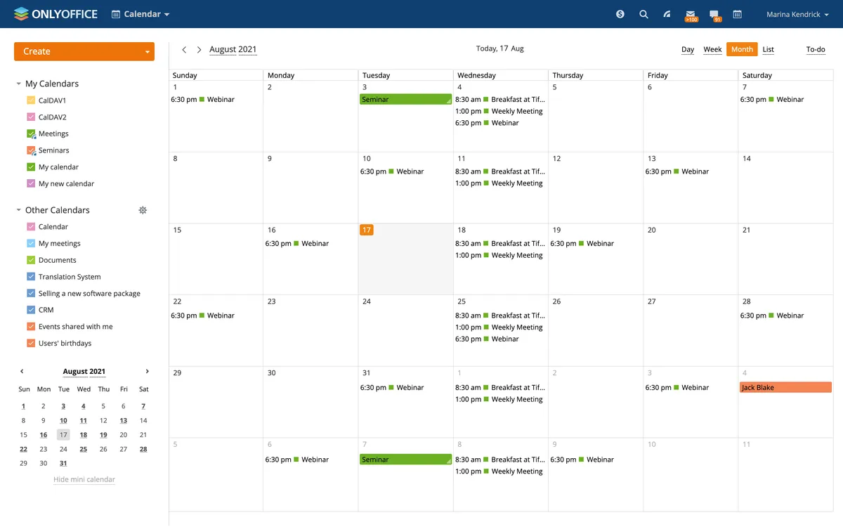 onlyoffice workspace calendrier