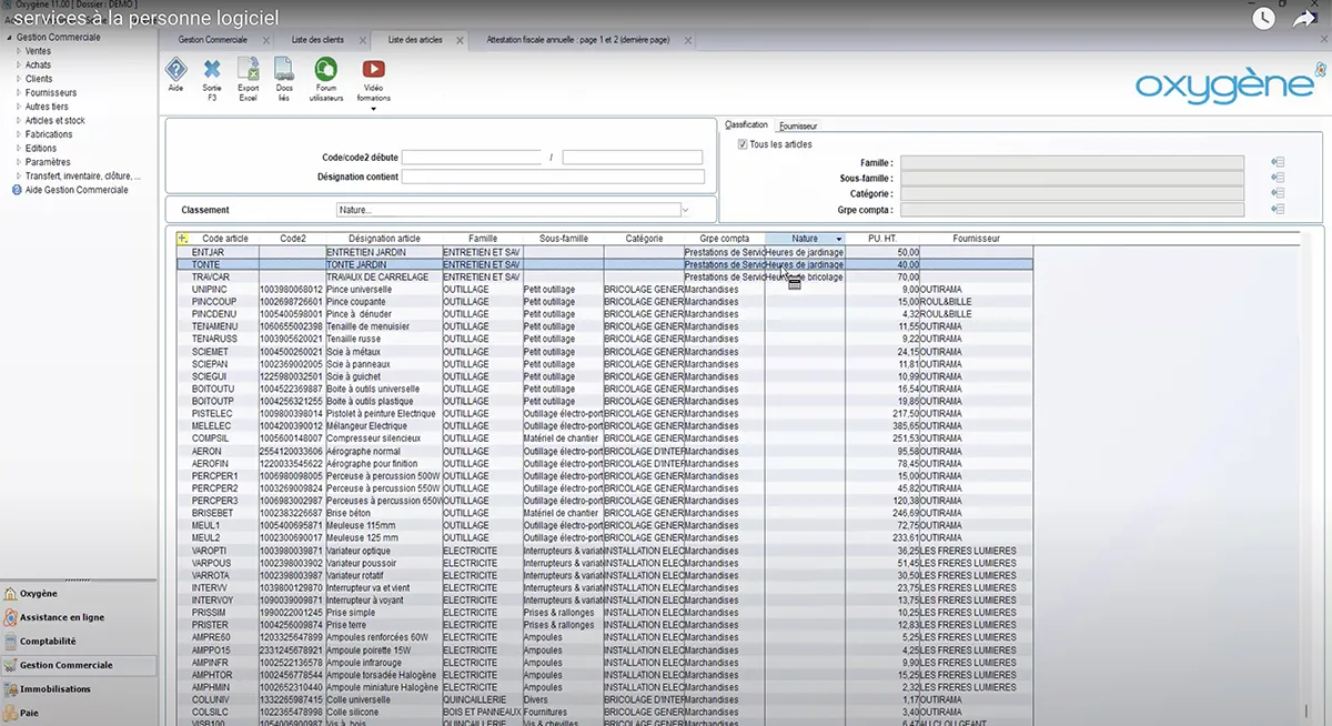 Oxygène Gestion Commerciale : liste articles Oxygène Gestion Commerciale : liste articles