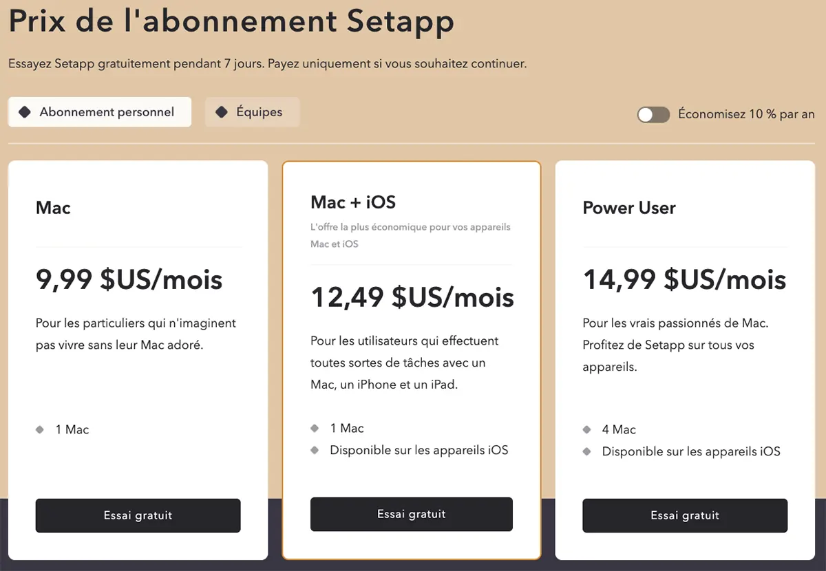 Tarifs de Setapp pour les particuliers Tarifs de Setapp pour les particuliers