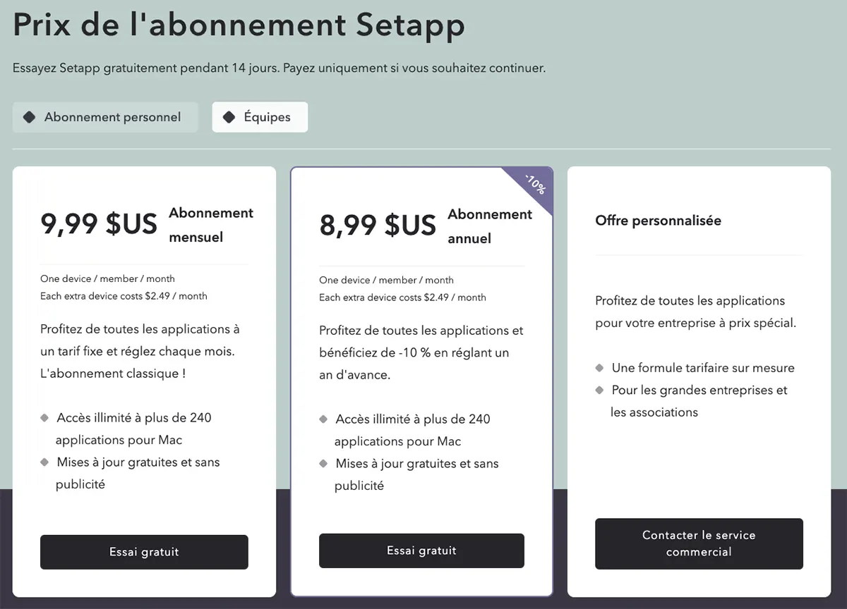 Tarifs de Setapp pour les pros Tarifs de Setapp pour les pros