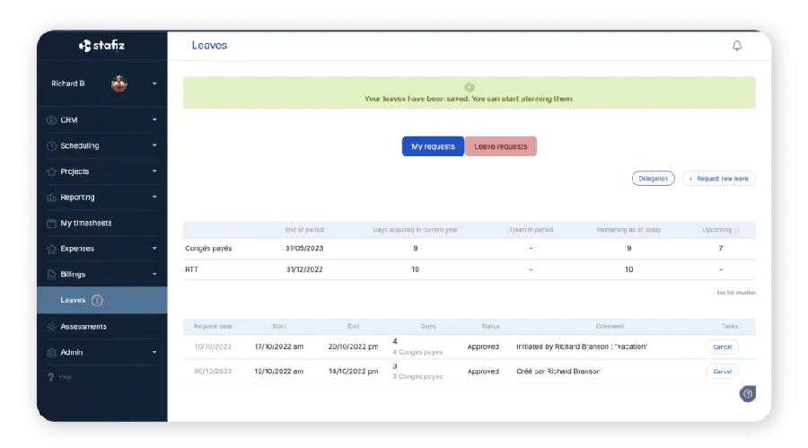 Stafiz : interface gestion des congés Stafiz : interface gestion des congés