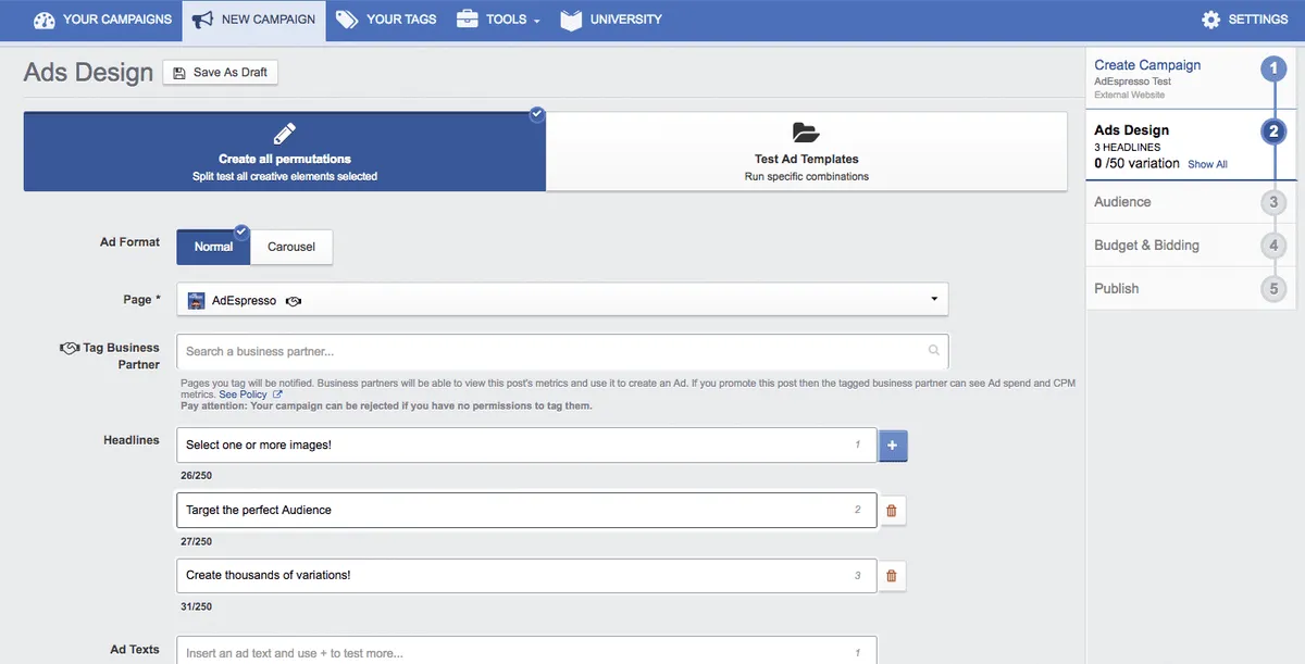 AdEspresso : test de l'interface de ce logiciel de publicité sur les réseaux sociaux pour entreprise AdEspresso : test de l'interface de ce logiciel de publicité sur les réseaux sociaux pour entreprise