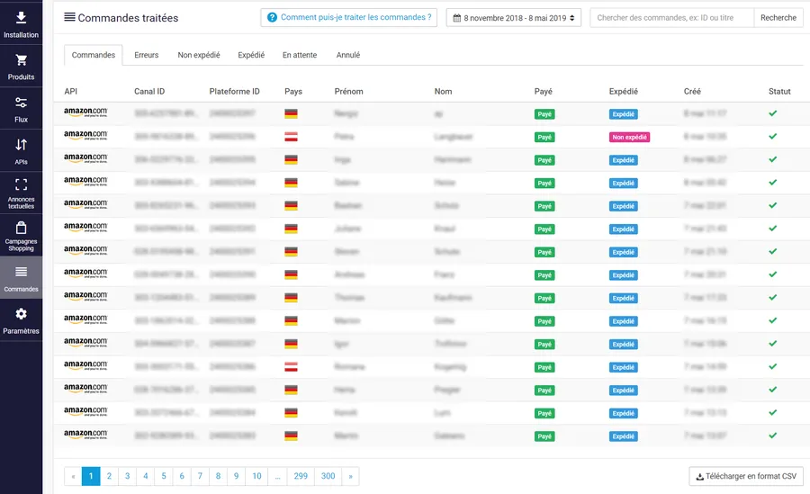Channable : capture d'écran gestion commandes Channable : capture d'écran gestion commandes