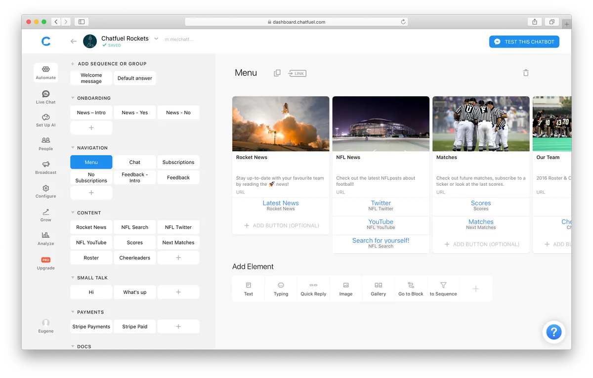 Chatfuel : test de l'interface de ce logiciel de Chatbot IA / Agent IA pour entreprise