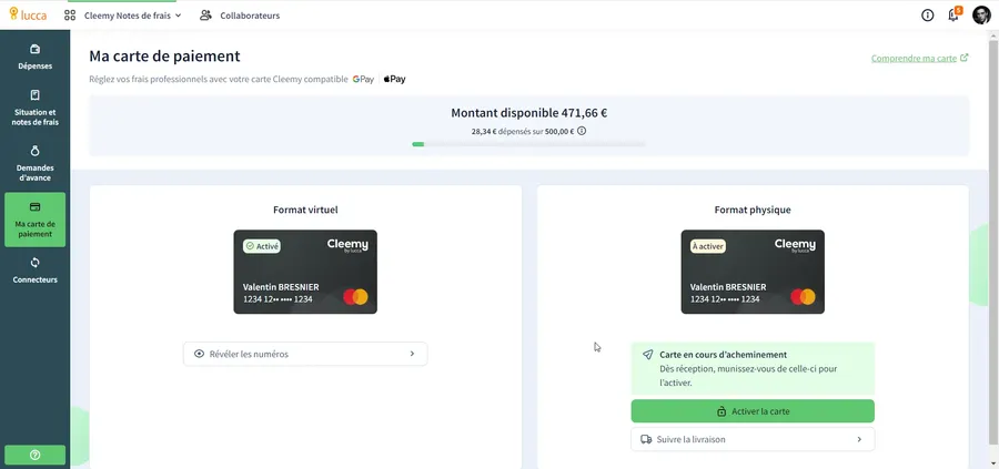 Cleemy Notes de frais : aperçu carte paiement