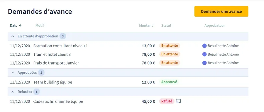 Cleemy Notes de frais : aperçu demander une avance sur frais
