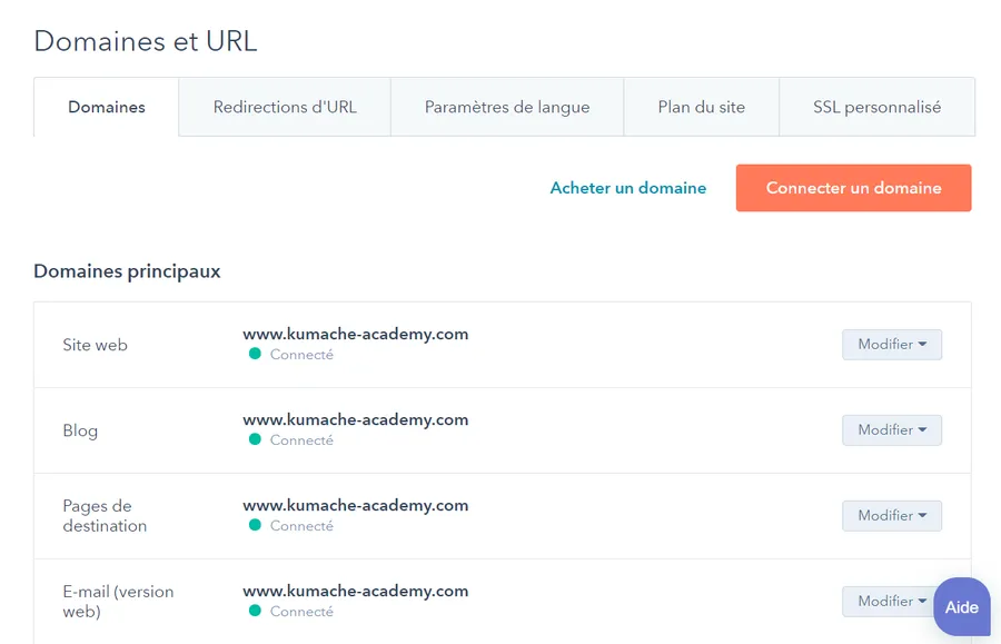 CMS Hub : capture d'écran : gestion domaines CMS Hub : capture d'écran : gestion domaines