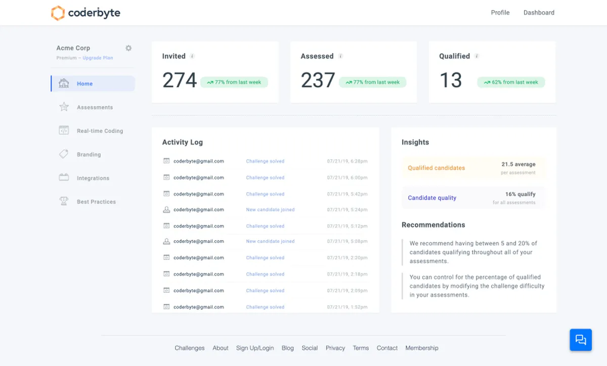 Coderbyte : test de l'interface de ce logiciel d'évaluation des candidats / tests de recrutement pour entreprise