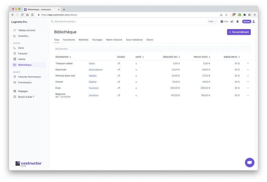 Logiciel Costructor : bibliothèque produits