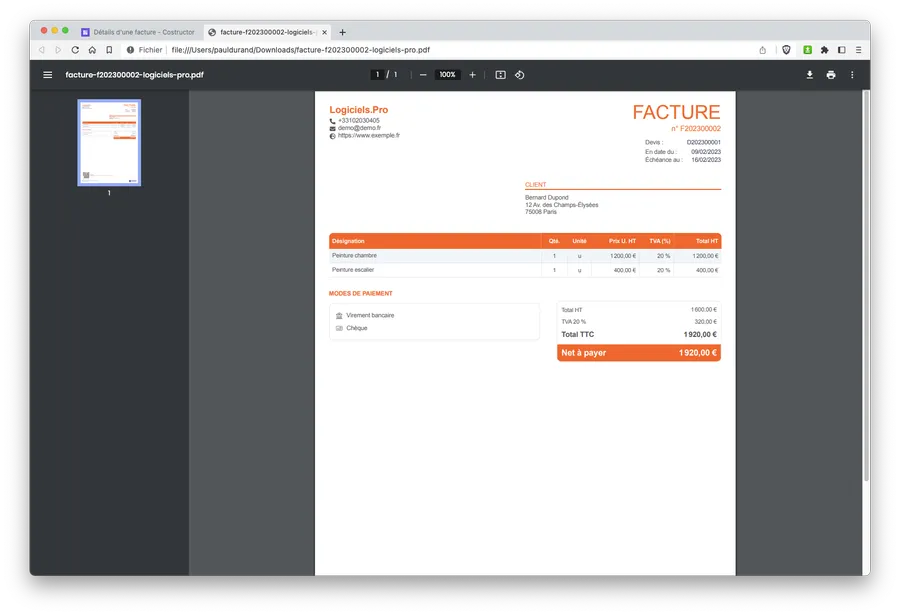 Logiciel Costructor : facturation
