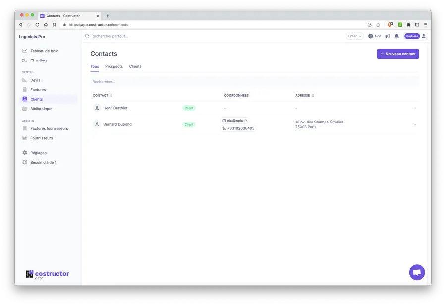 Logiciel Costructor : gestion clients