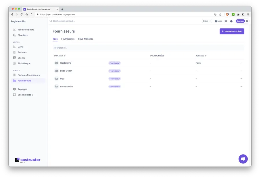 Logiciel Costructor : gestion fournisseurs