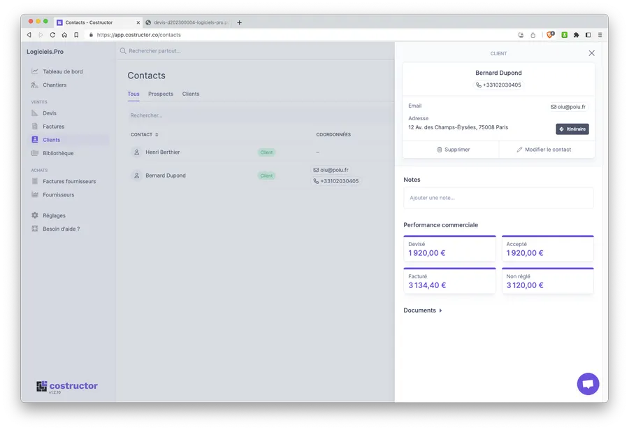Costructor : gestion des contacts