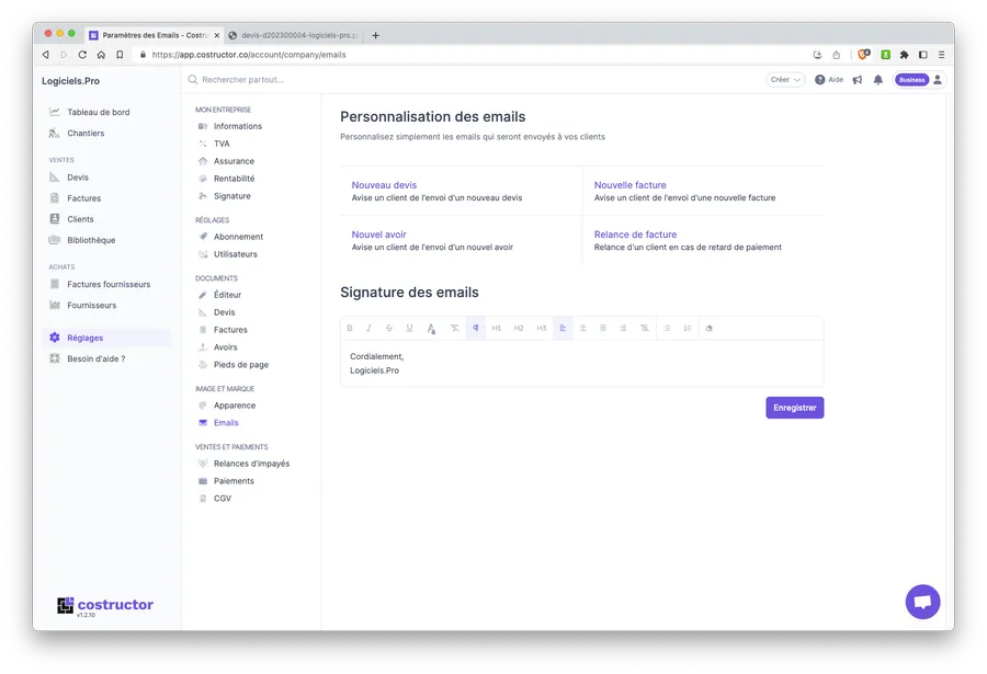 Costructor : personnalisation des emails