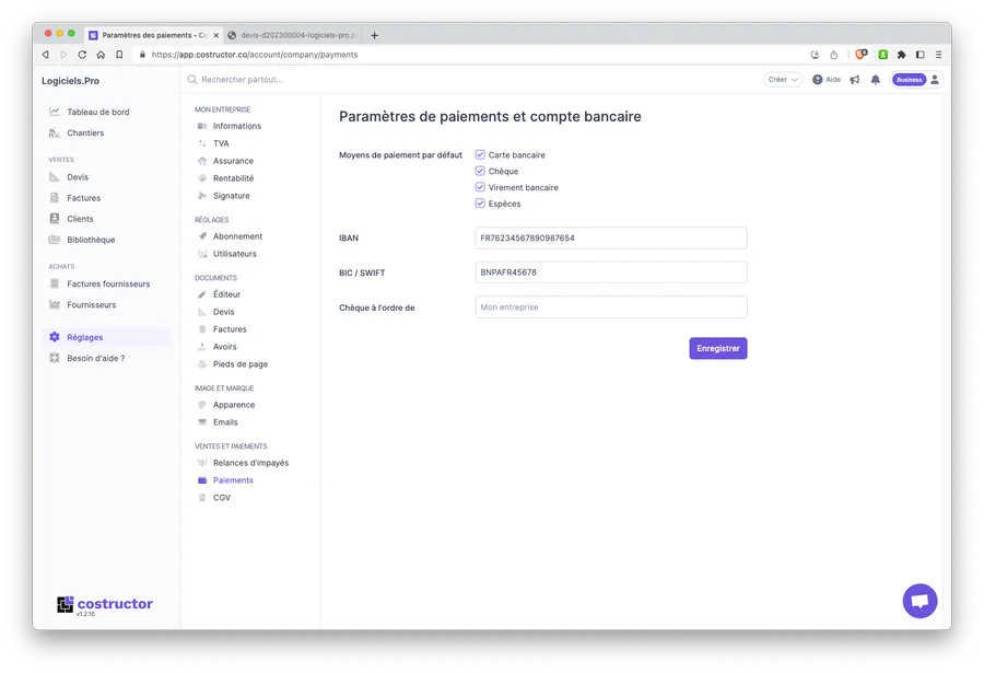 Costructor : configuration des paiements