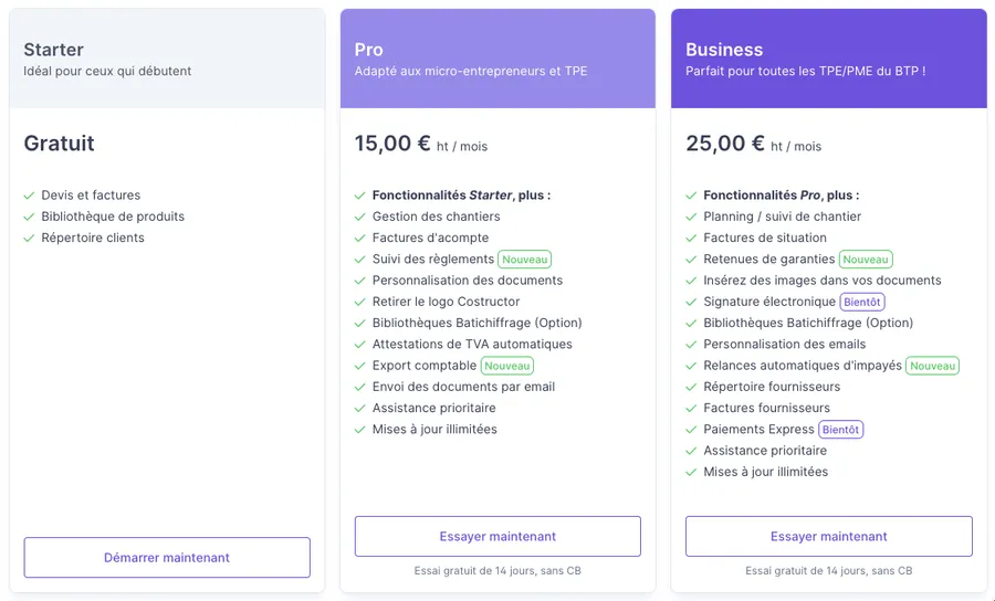 Costructor : prix