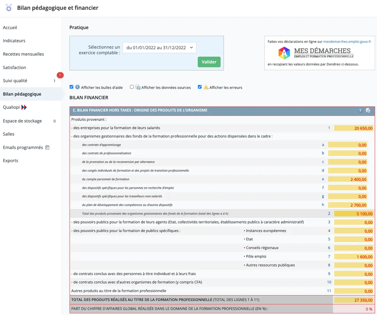 Dendreo : bilan pédagogique et financier Dendreo : bilan pédagogique et financier