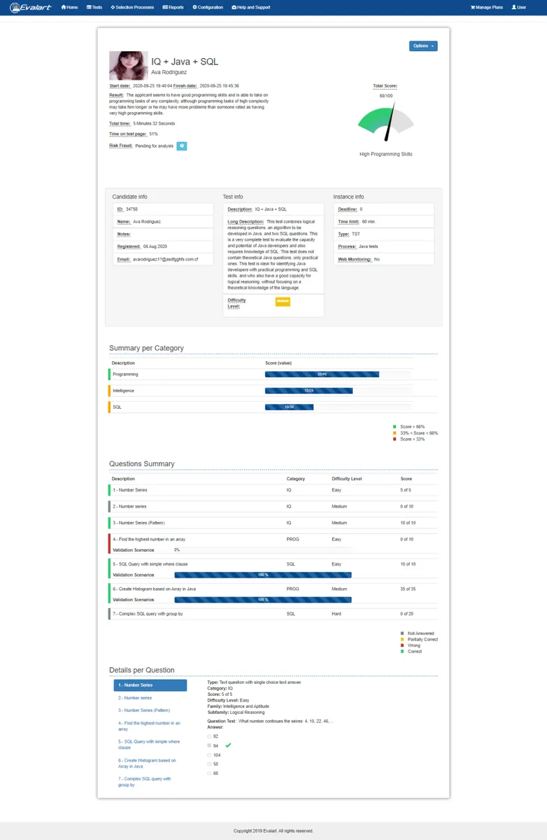 Evalart : test de l'interface de ce logiciel d'évaluation des candidats / tests de recrutement pour entreprise
