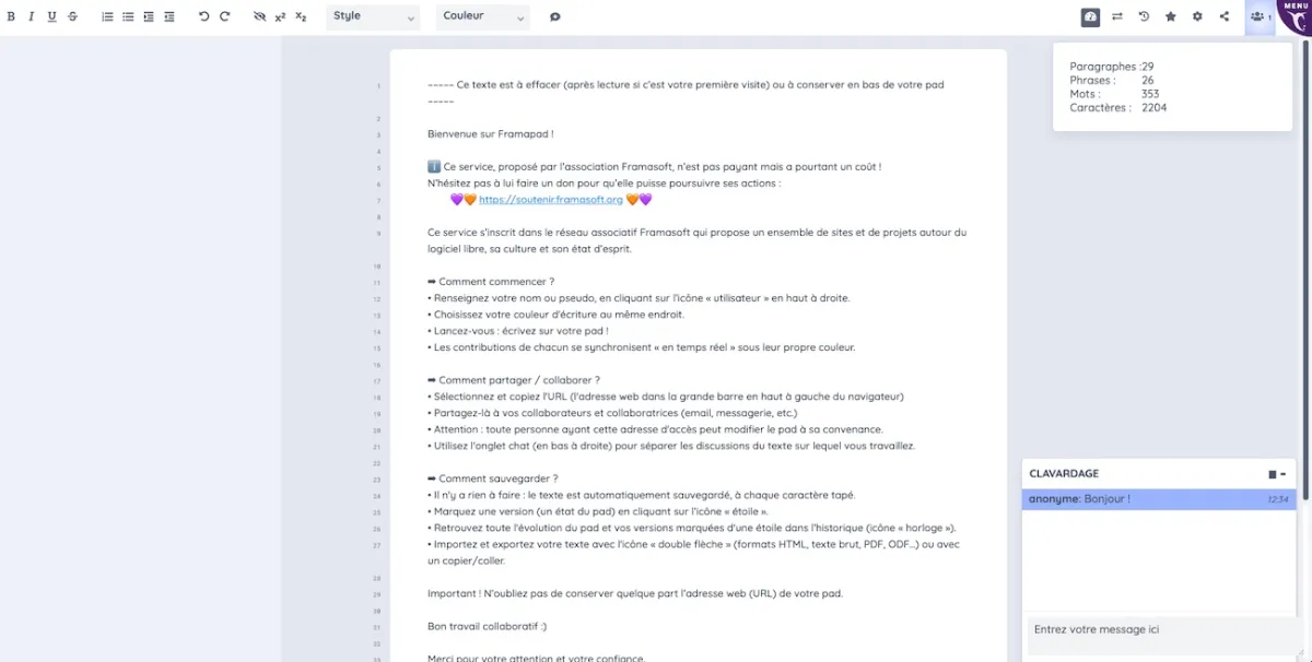 Framapad : test de l'interface de ce logiciel de traitement de texte pour entreprise