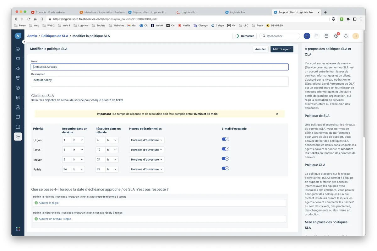 Freshservice : fonctionnalité configuration SLA Freshservice : fonctionnalité configuration SLA