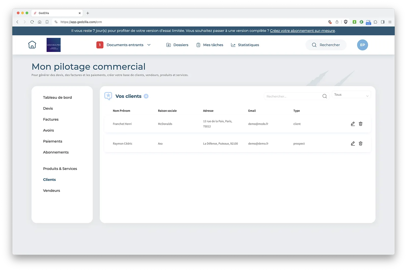 GedZilla : gestion des clients GedZilla : gestion des clients