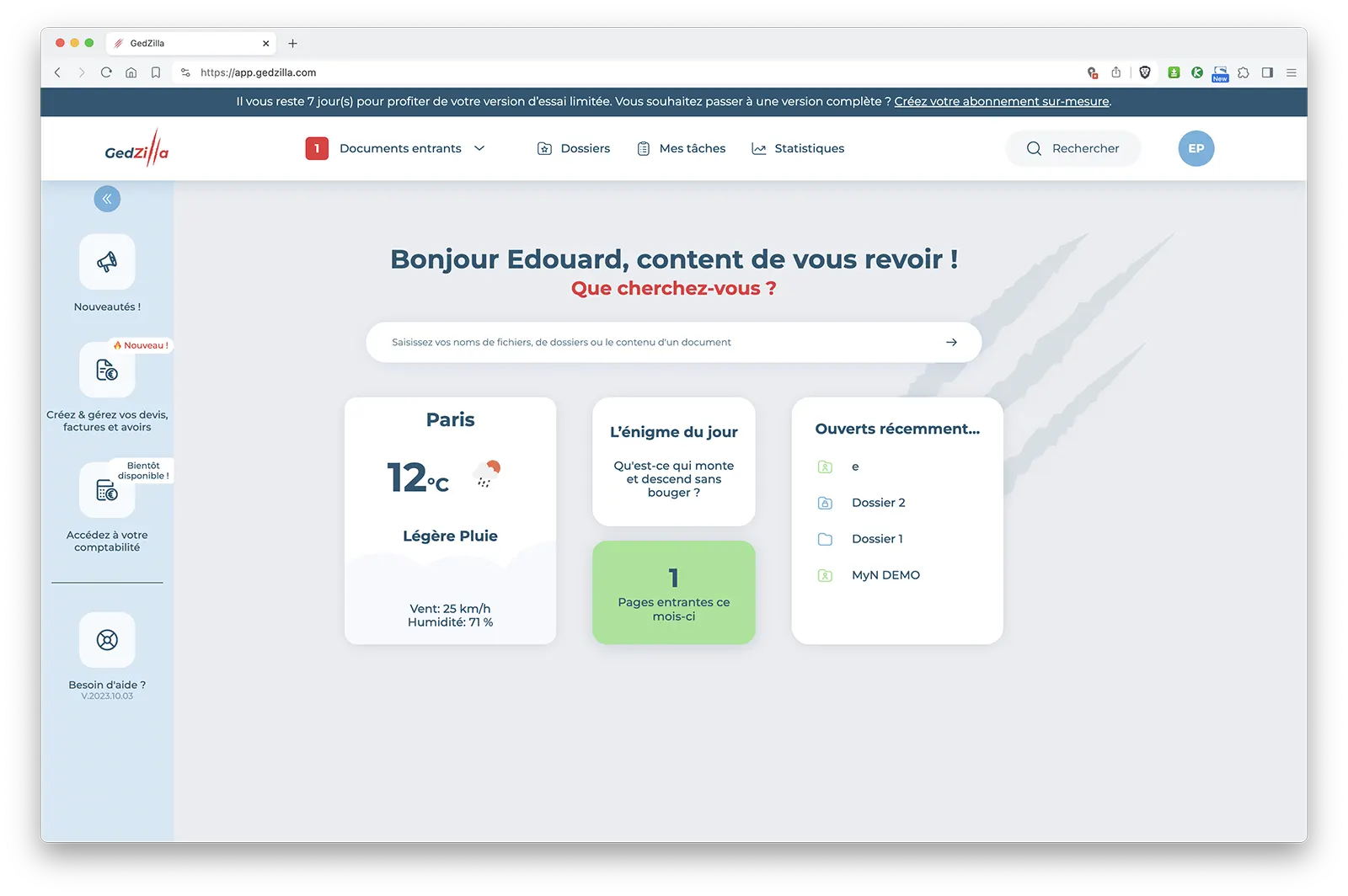 GedZilla : tableau de bord GedZilla : tableau de bord
