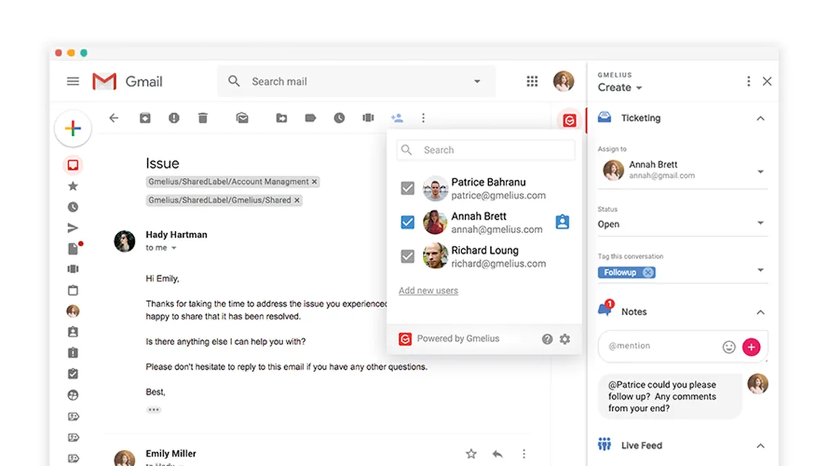 Gmelius : test de l'interface de ce logiciel de gestion des emails pour entreprise