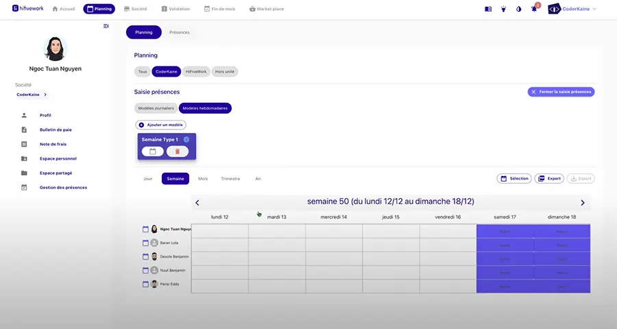 HiFiveWork - capture d'écran gestion présences