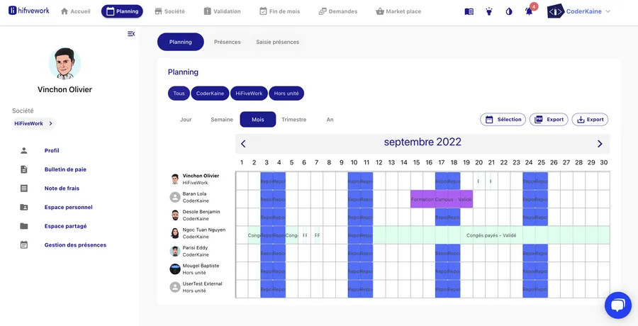 HiFiveWork - capture d'écran planning