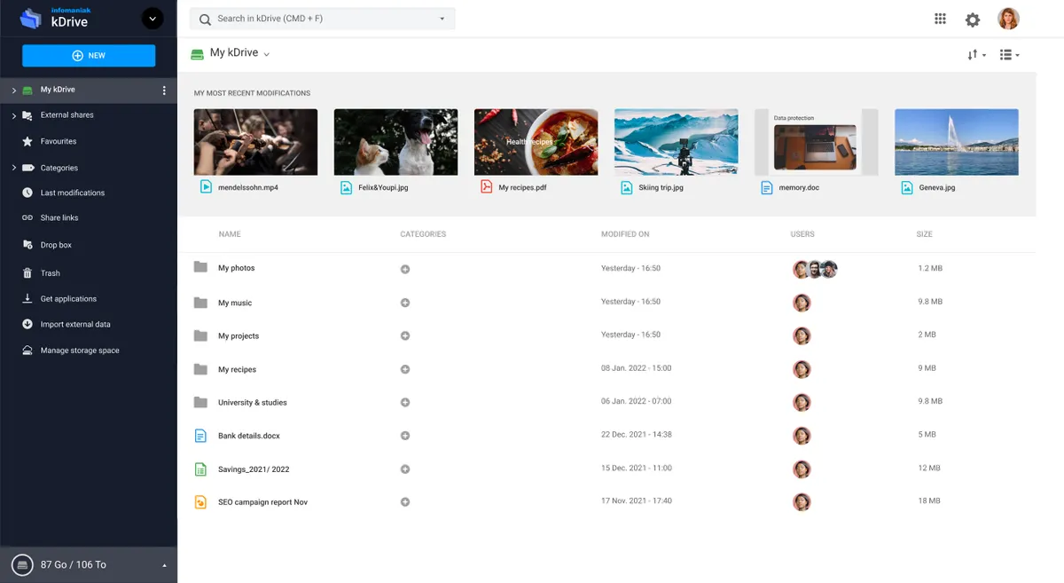Infomaniak kDrive : test de l'interface de ce logiciel de stockage / partage fichiers pour entreprise