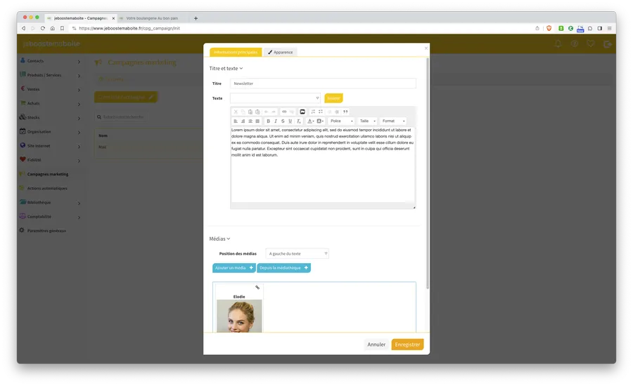 jeboostemaboite : capture d'écran mailing sms jeboostemaboite : capture d'écran mailing sms