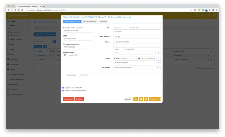 jeboostemaboite : capture d'écran gestion contacts jeboostemaboite : capture d'écran gestion contacts