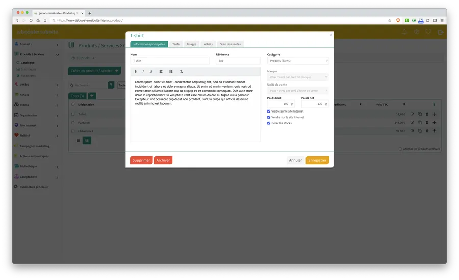 jeboostemaboite : capture d'écran gestion produits jeboostemaboite : capture d'écran gestion produits