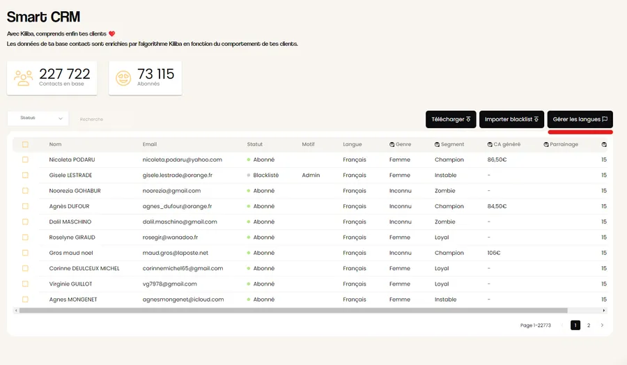 Kiliba : capture d'écran contacts