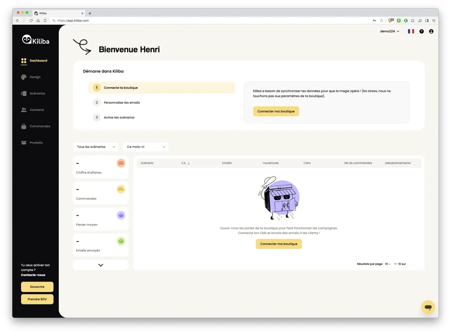 Kiliba : capture d'écran dashboard