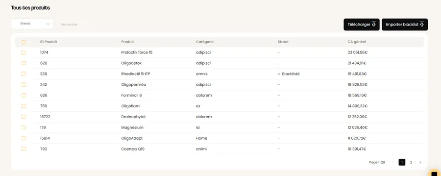 Kiliba : capture d'écran produits