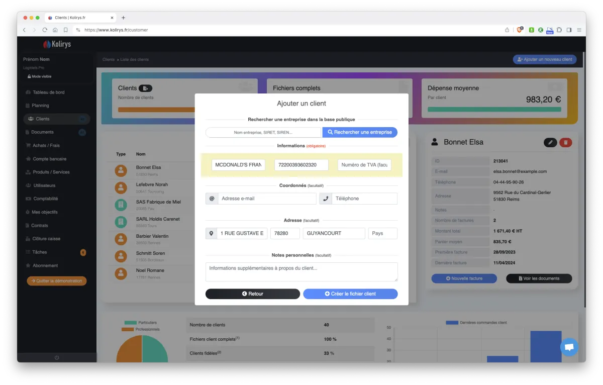Kolirys : interface gestion des clients Kolirys : interface gestion des clients