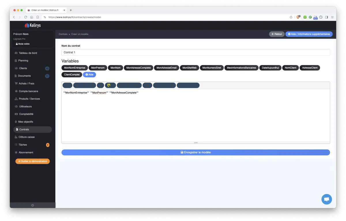 Kolirys : interface gestion contrats Kolirys : interface gestion contrats