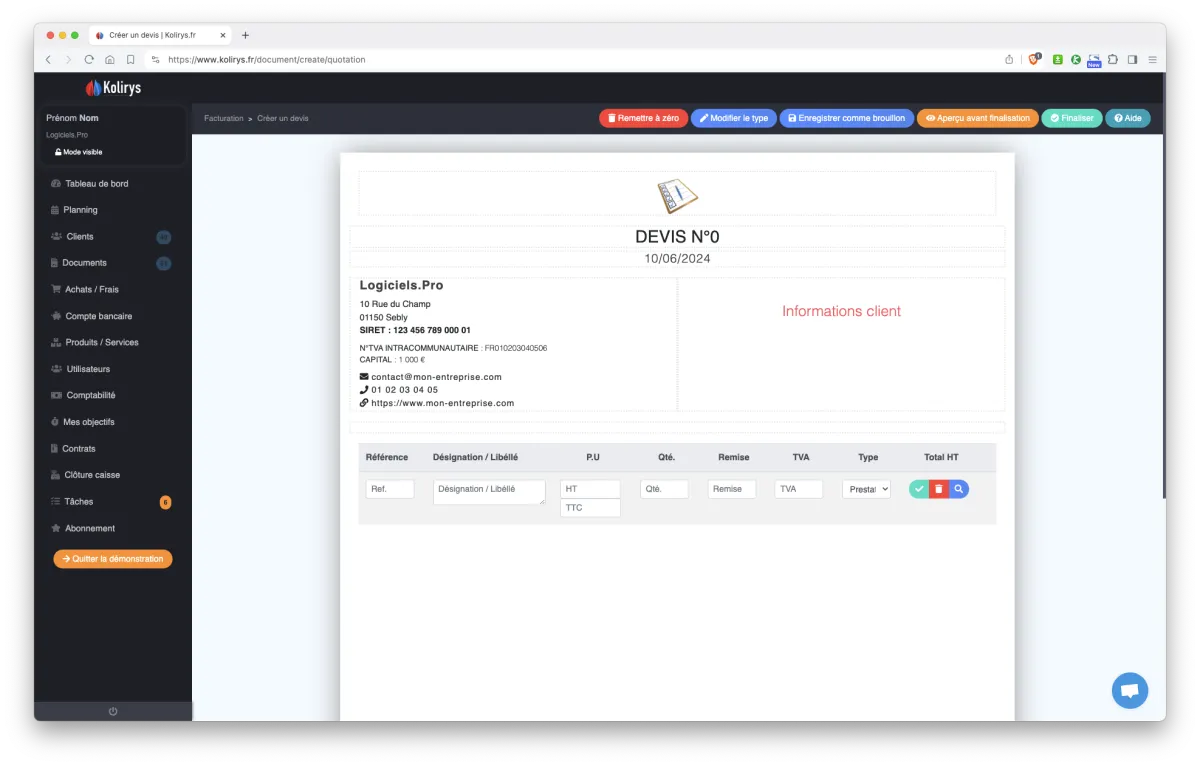 Kolirys : interface gestion des devis Kolirys : interface gestion des devis