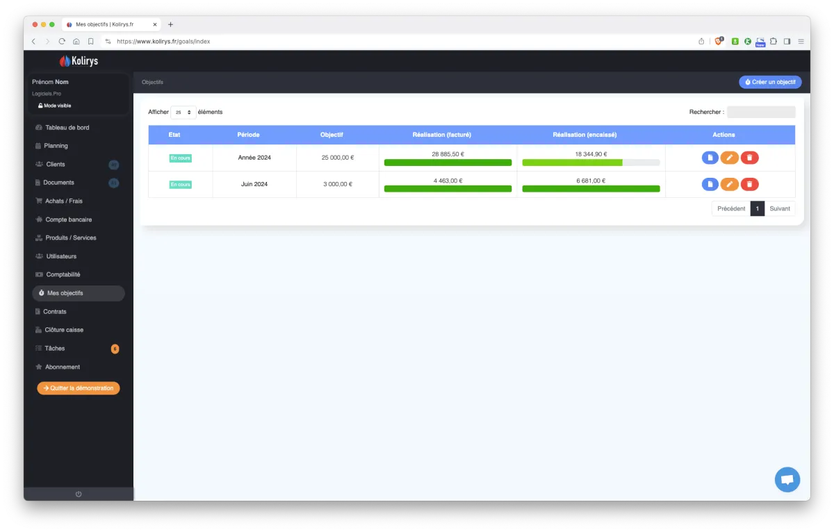 Kolirys : interface gestion des objectifs Kolirys : interface gestion des objectifs