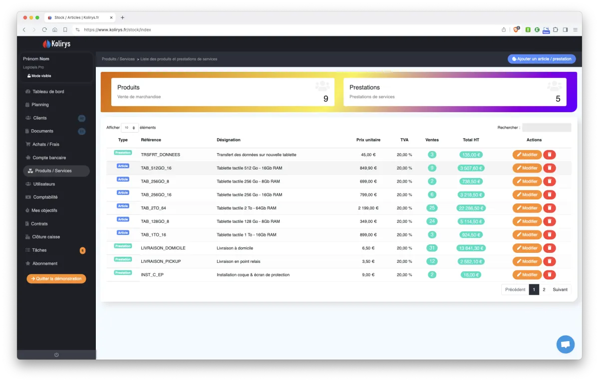 Kolirys : interface gestion des produits Kolirys : interface gestion des produits