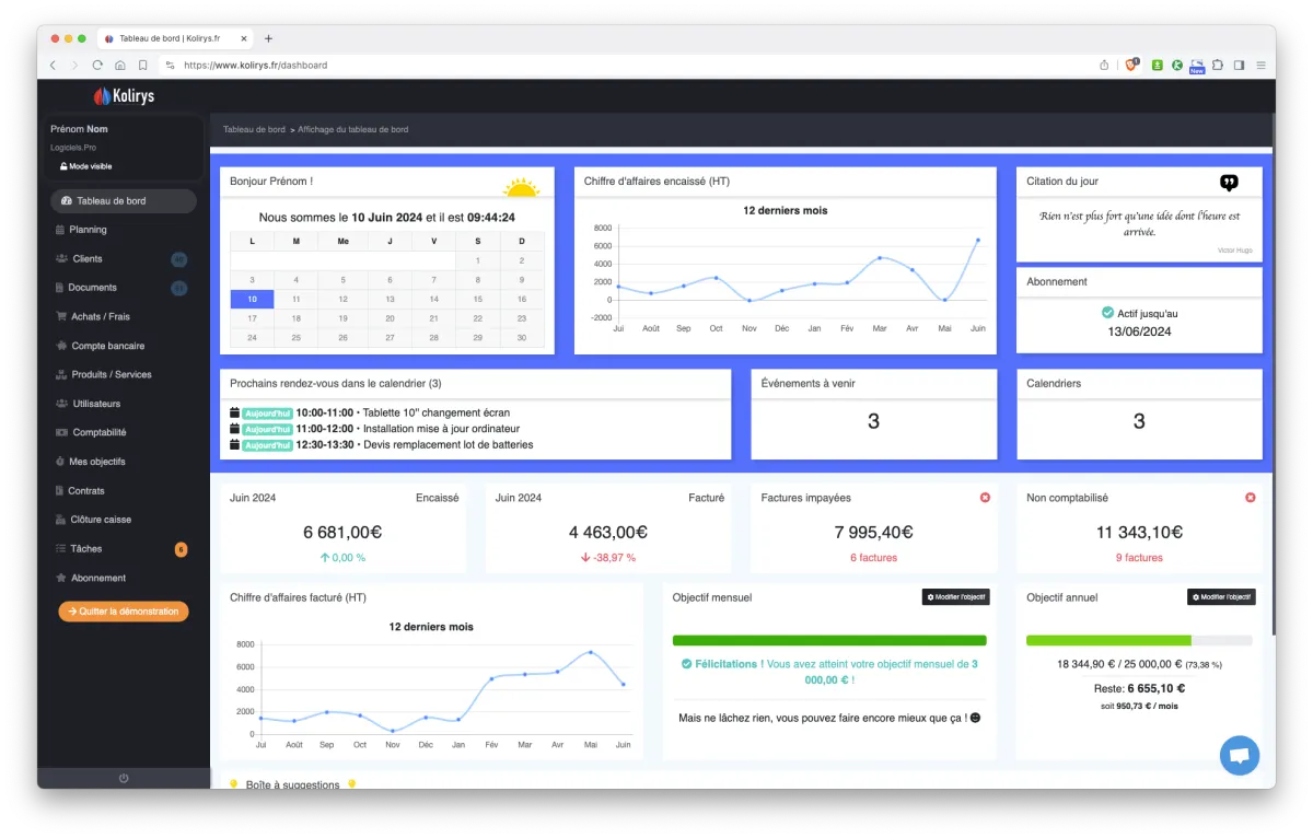 Kolirys : interface tableau de bord Kolirys : interface tableau de bord