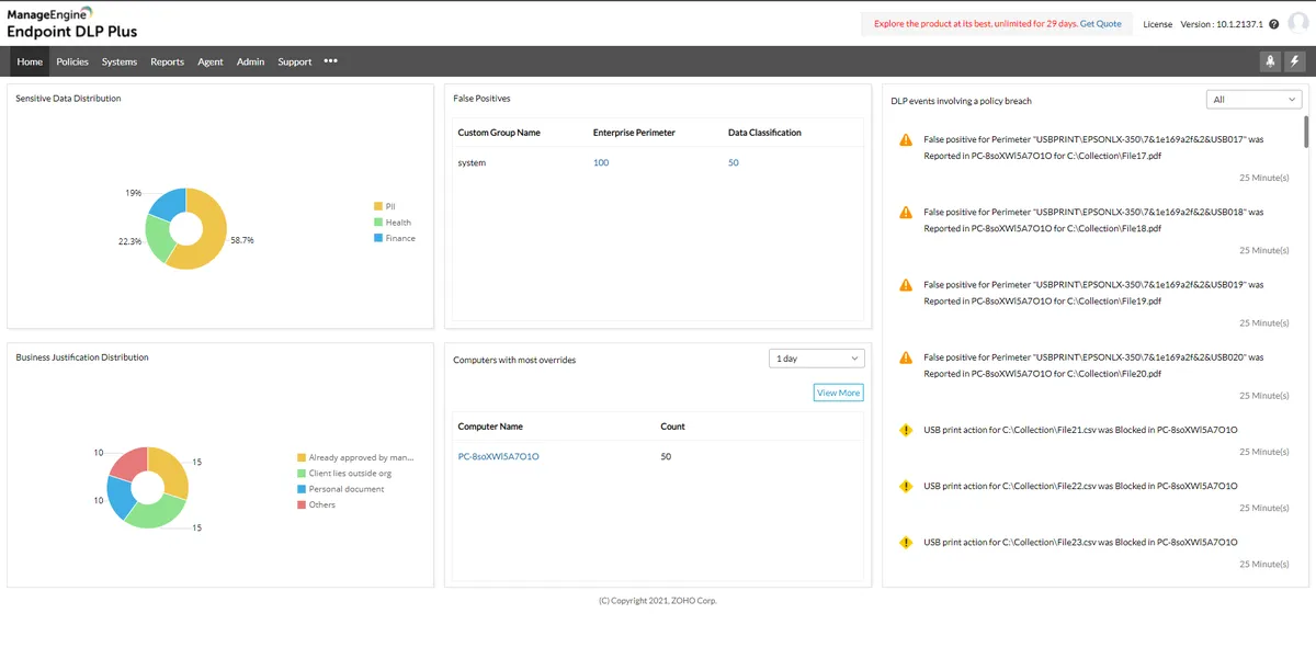 ManageEngine Endpoint DLP Plus : test de l'interface de ce logiciel de prévention des pertes de données pour entreprise ManageEngine Endpoint DLP Plus : test de l'interface de ce logiciel de prévention des pertes de données pour entreprise